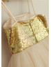 Spaghetti Straps Gold Sequin Champagne Tulle Ruffled Flower Girl Dress